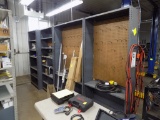 (4) Sectionsof Gray Metal Shelves, 1 Sided, (2) Have 3 Shelves with Peg Boa