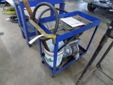 Transfer Pump on Blue 2 Tier Shop Cart Used for Loading Tractor Tires with