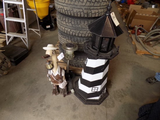 4' Tall Outdoor Lighthouse Decoration, a Fishing Goose Statue and a Standin