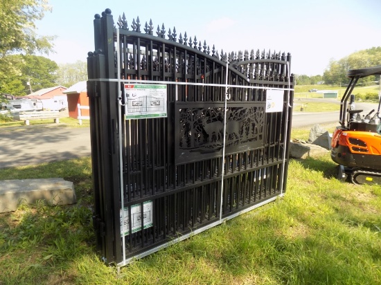 New 7' x 20' Bi-Parting Metal Farm Driveway Gate with Deer Motif