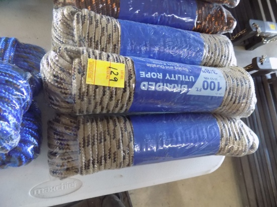 (3) New 100' x 3/8'' #12 Braided Utility Rope, Tan/Brown (3 x Bid Price)