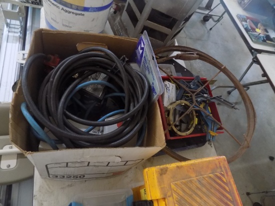 Box w/ Saw Blades, Wire Wheel, Air Lines, Etc And Group On Table Behind it,