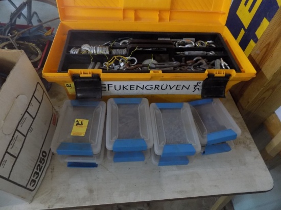 Yellow Tool Box Full Of Cable Hardware, Clamps, Etc And (8) Small Bins Of H