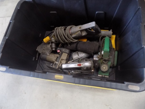 Black Tote With Older Power Tools On Floor, Recip. Saw, Sanders
