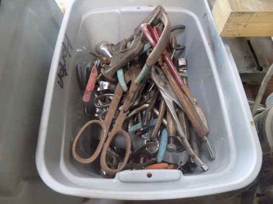 Gray Tote Full Of Hand Tools, Snips, Pliers, Wrenches, Etc