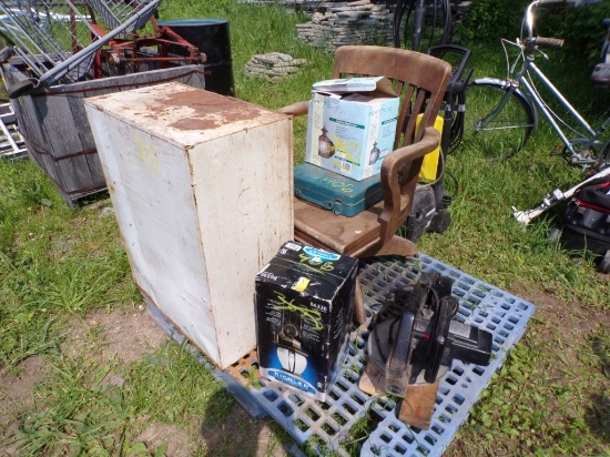 (3) Outdoor Light Fixtures, Wooden Rolling Office Chair, 2 Door Storage Cab