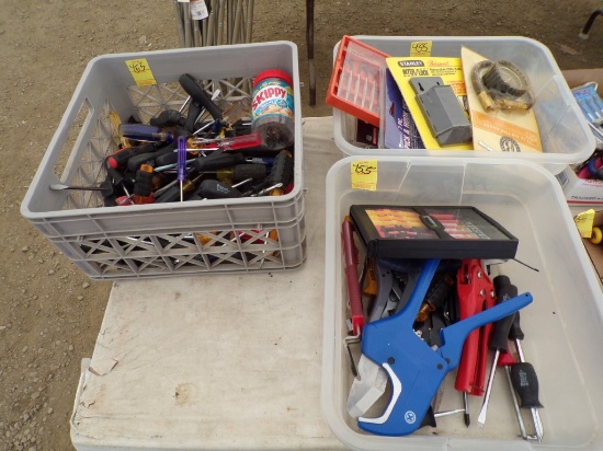 (3) Containers of Misc. Tools - Screwdrivers, Scissors, Tire Air Gauge, Pip