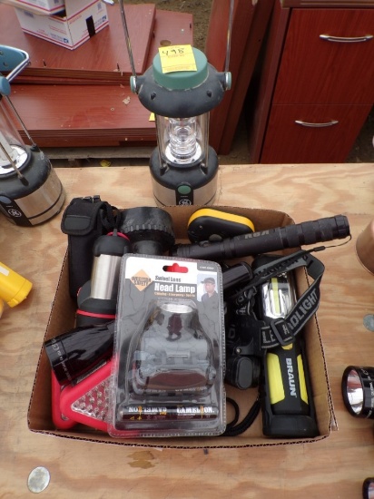 Box of Assorted Flashlights, Headlamp and GE Battery Operated Lantern