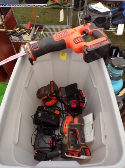 Tote with Black and Decker 20V Power Tools - Sawzall, Orbital Sander, Mouse