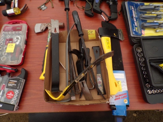 Box Of Misc Tools, Hatchet Hammer, Axe/Hatchet, Pry Bars, Multibars, Machet