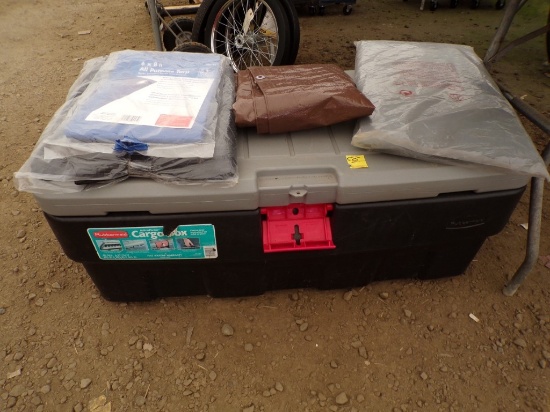Rubbermaid 48 Gallon Cargo Box & NIB 6' x 8' Tarp, NIB 40'' x 72'' Moving B