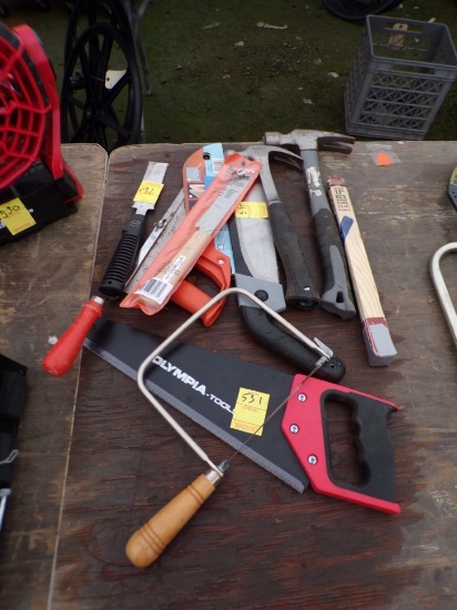 Group Of Assorted Hand Saws w/(2) Claw Hammers, eneer/Laminate Saw, Tool Bo
