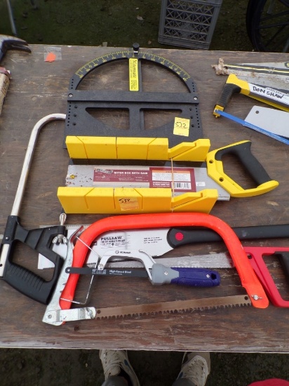 Group Of Assorted Handsaws, Pull Saws, Mini Hacksaws, Hacksaw, Mitre Box w/
