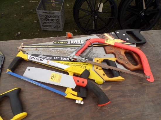 Group Of Assorted Hand Saws, Tool Box Saw, Hard Tooth Bow Saw, Hacksaw, Pul