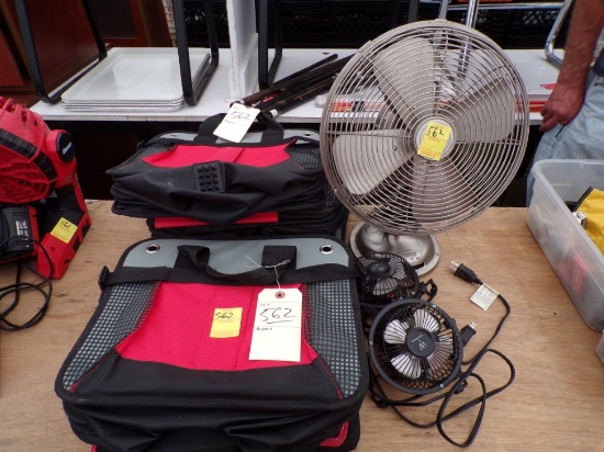 (7) Collapsible Cloth Tool Storage Tote & Table-Top Pedestal Fans & (2) 4''