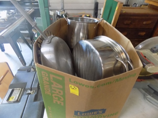 Large Box Of Pots & Pans And A Clock