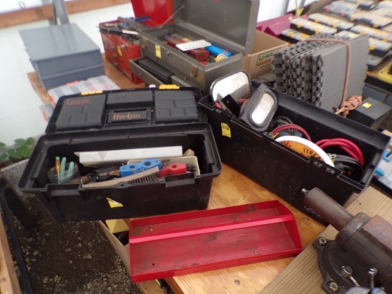 (2) Plastic Tool Boxes with Contents - Screwdrivers, Wire Brushes, Hacksaw
