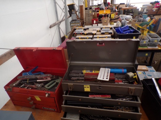 (2) Metal Tool Boxes with Contents - Assorted Drill Bits, Staple Gun, Tin S