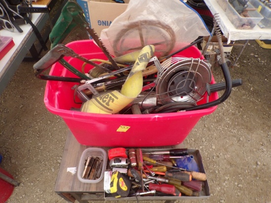 Tote of Misc. Items - Hacksaws, Bow Saws, Tape Measures, Screwdrivers, Prop