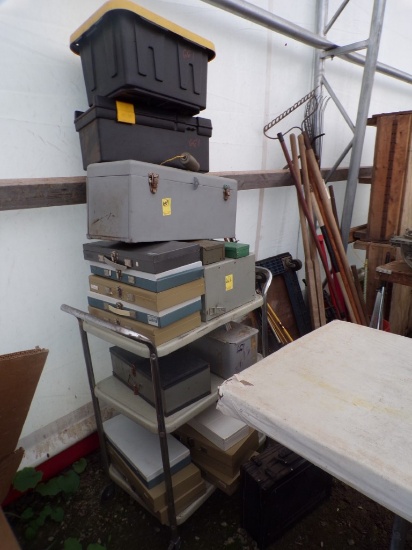 Large Group of Empty Tool Boxes and Metal Containers with 3 Tier Rolling Se