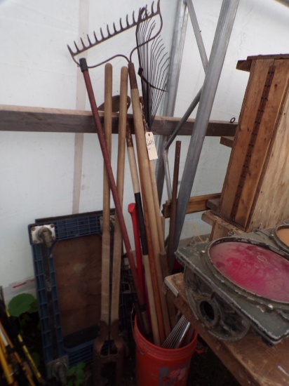 Group of Hand Tools - Post Hole Digger, Rock Rake, Hoe, Leaf Rake, Axe, Poi