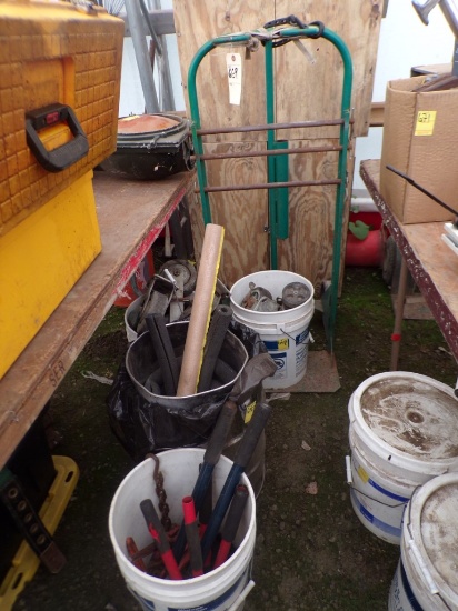 (2) Buckets of Casters, (2) Wooden Storage Boxes 29'' x 10'' x 30'', 2 Whee