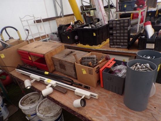 Group of Misc. Items - Assorted Bolts, Brackets, Clamps, Speed Drill, Woode