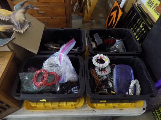 (4) Small Black Totes Full of Misc Electrical Items, Few Misc. Tools, Trail