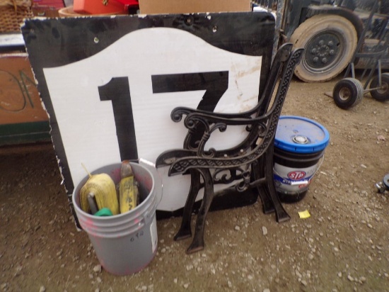 Bucket of Tie Down Straps, Rte. 17 Sign, 5 Gal. AW-32 Hydraulic Oil 3/4 Ful