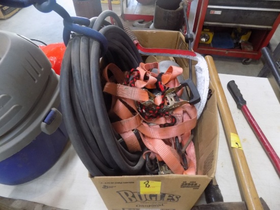 Box With Roll Of Black hose, Hand Sickle, 1'' Ratchet Straps And Misc