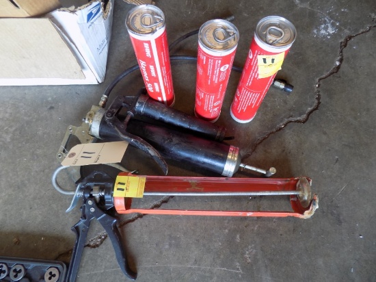 Large Caulk Gun, (2) Grease Guns and (3) Tubes of Grease