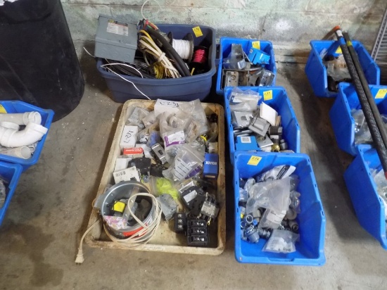 (5) Totes/Tubs of Electrical Items - Junctions, Switches, Breakers, Boxes,