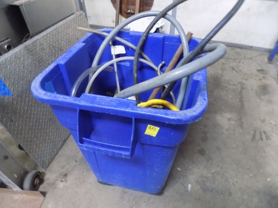 Blue Rolling Trash Can with Gas Line and Assorted Hoses