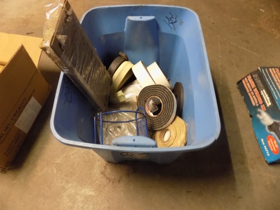 Large Blue Tote of Weather Stripping and Door Seals and a Large Floor Vent