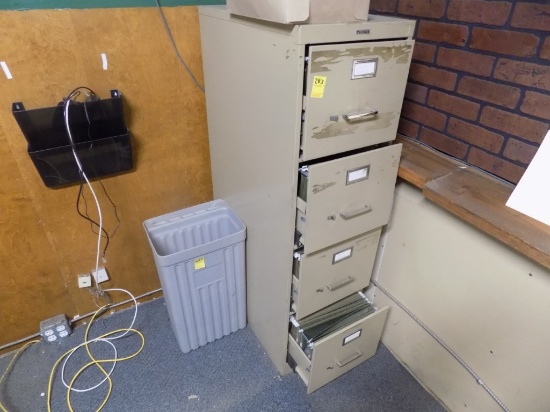 Tan 4 Drawer Filing Cabinet, Full of File Hangers and a Gray Trash Can for
