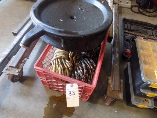Oil Drain Pan and a Red Crate Full of Braided Nylon Ropes