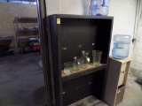 Black 2 Tier Storage Shelf with Contents - Vases, Empty Water Bottle (Back