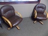 (2) Leather and Wood Rolling Office Chairs and a Black Rolling File Stand (