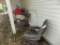 Wooden Work Table, (2) Plastic Adirondack Chairs, Contents of Table  (Outsi