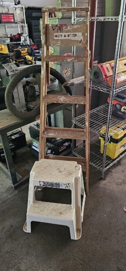 5' Wooden Ladder & Plastic 2-Tier Step Stool