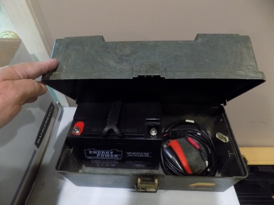 12V 35 Amp Hr. Field Rechargable Battery in a Tackle Box with Leads