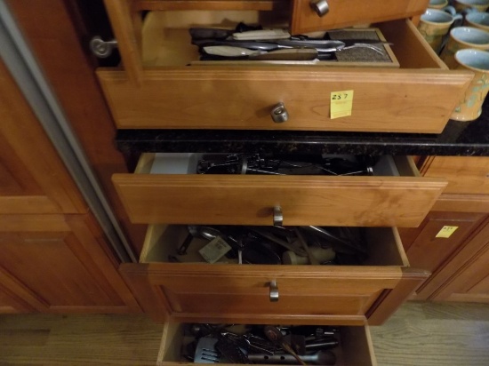 Contents of (4) Drawers Next to Built In Refrigerator - Knives, Utensils, R