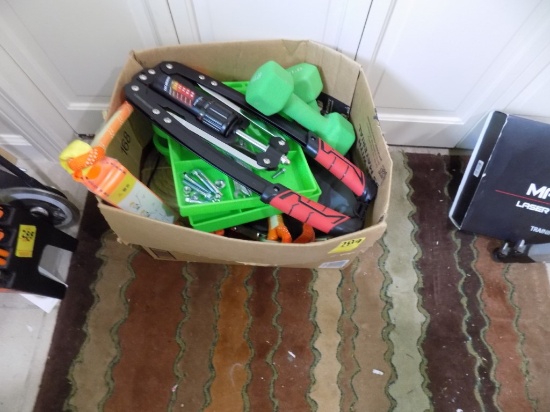 Box of Safety Tethers, Small Exercise Equipment, a Few Hand Tools (Mud Room