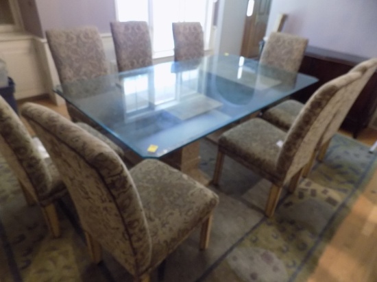 Glass Top Dining Table w/(2) Stone-Like Pilars for Legs, Table is 84''L x 4