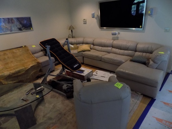 3-Pc Living Room Set - Chair and Very Large L-Shaped Sectional, Tan Leather
