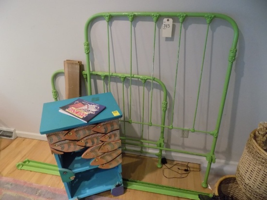 Green Twin Bed Frame w/Fish Motif Storage Cabinet - Bar-Type Head and Footb