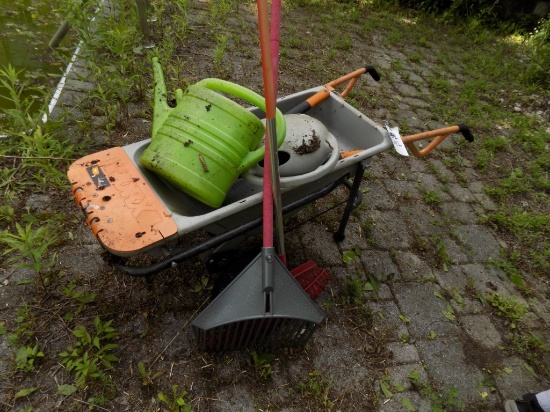 Worx 2-Wheeled Garden Cart, Watering Cans, (2) Rakes  (Outside - Pool Area)