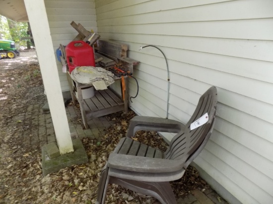 Wooden Work Table, (2) Plastic Adirondack Chairs, Contents of Table  (Outsi