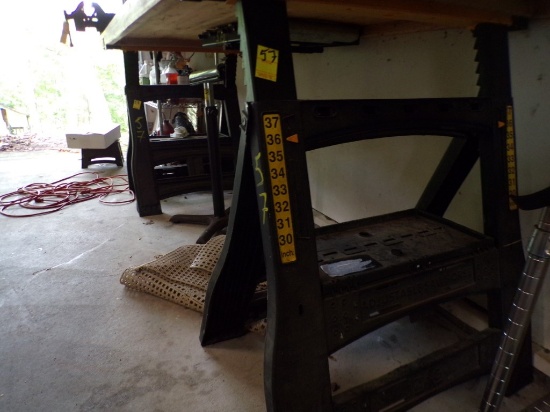 Set of Plastic Adjustable Height Saw Horses Under the Work Bench