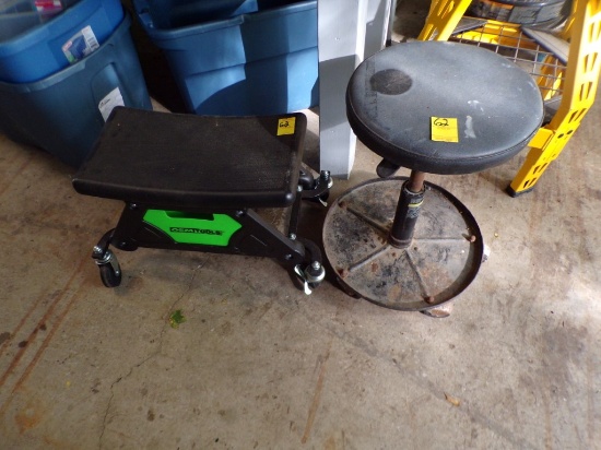 (2) Rolling Shop Stools - (1) Round Adjustable Height with 5 Casters and (1